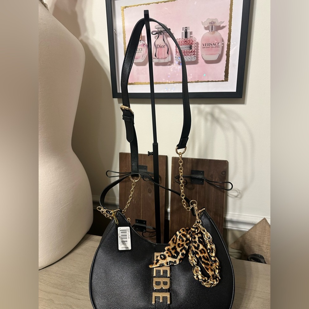 Bebe Black Shoulder Bag/tote with Leopard Scarf Detail - Picture 9 of 12